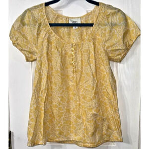 Ann Taylor Loft Cap Sleeve Butter Yellow And White Blouse 100% Cotton Small